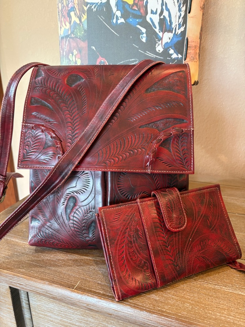 Hand-Tooled Red Leather Crossbody Bag with Matching Wallet
